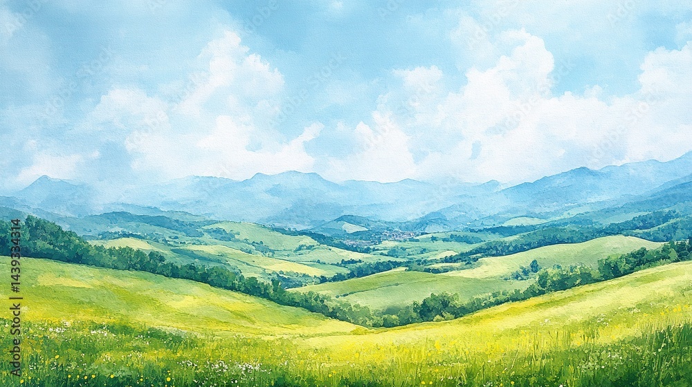 Fototapeta premium Rolling green hills are set against a clear blue sky and fluffy white clouds, the Tuscan-style landscape is bathed in a soft morning mist, and the watercolor effect shows the tranquil rural beauty.