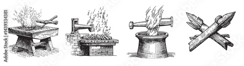 Traditional Blacksmithing Techniques and Tools in Detailed Illustrations, Set Logo design, Vector Illustration, Engraving style