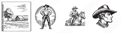 Vintage Style Black and White Cowboy Illustrations for Western Theme, Set Logo design, Vector Illustration, Engraving style