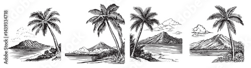 Series of Tropical Landscapes with Palm Trees and Mountains, Set Logo design, Vector Illustration, Engraving style