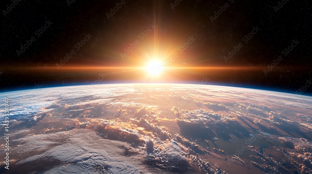 Sunrise Over Earth Space View with Planet Atmosphere and Stars Sunrise Over Earth Space View with Planet Atmosphere and Stars