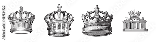 Collection of Vintage Crown Illustrations for Royalty Themes, Set Logo design, Vector Illustration, Engraving style