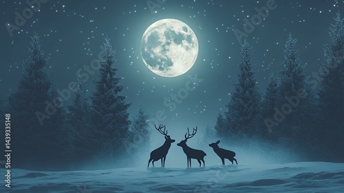 Three majestic deer silhouetted against a full moon and a starlit night sky.