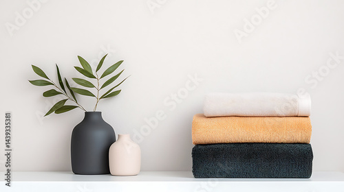 Stylish home decor modern arrangement of towels and vases indoor setting minimalist aesthetic neutral tones