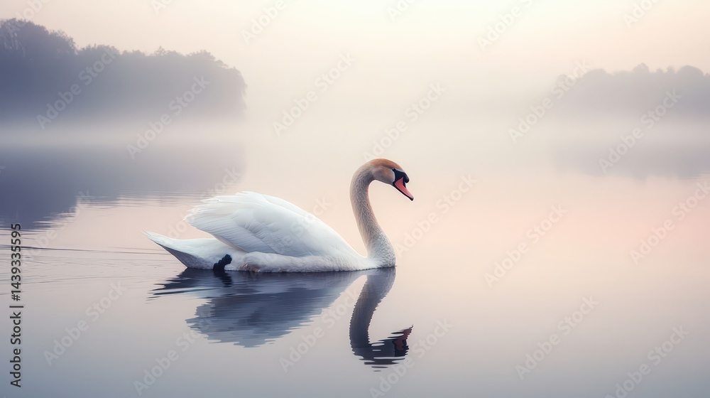 Elegant swan gracefully gliding on calm water, reflecting the soft light on a misty morning. Elegant swan gracefully gliding on calm water, reflecting the soft light on a misty morning.