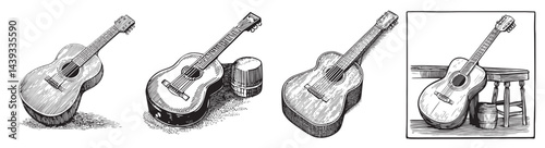 Hand-Drawn Illustrations of Acoustic Guitars and Musical Objects, Set Logo design, Vector Illustration, Engraving style