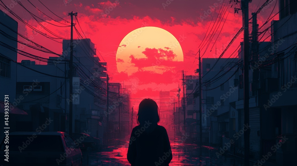 Fototapeta premium A silhouette of a figure against a vibrant sunset in an urban setting.