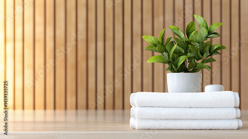 Indoor plant display on fresh towels in minimalist setting home decor natural lighting tranquil atmosphere
