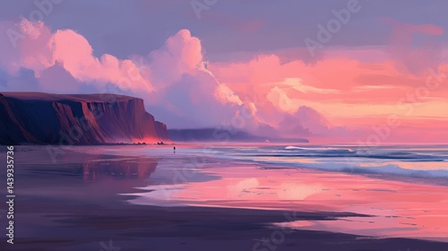 Serene coastal sunset reflecting on calm waters with vibrant hues of pink and orange.