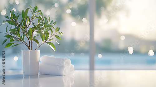 Relaxing indoor spa scene with plant and towels tranquil home environment minimalist aesthetic soft lighting
