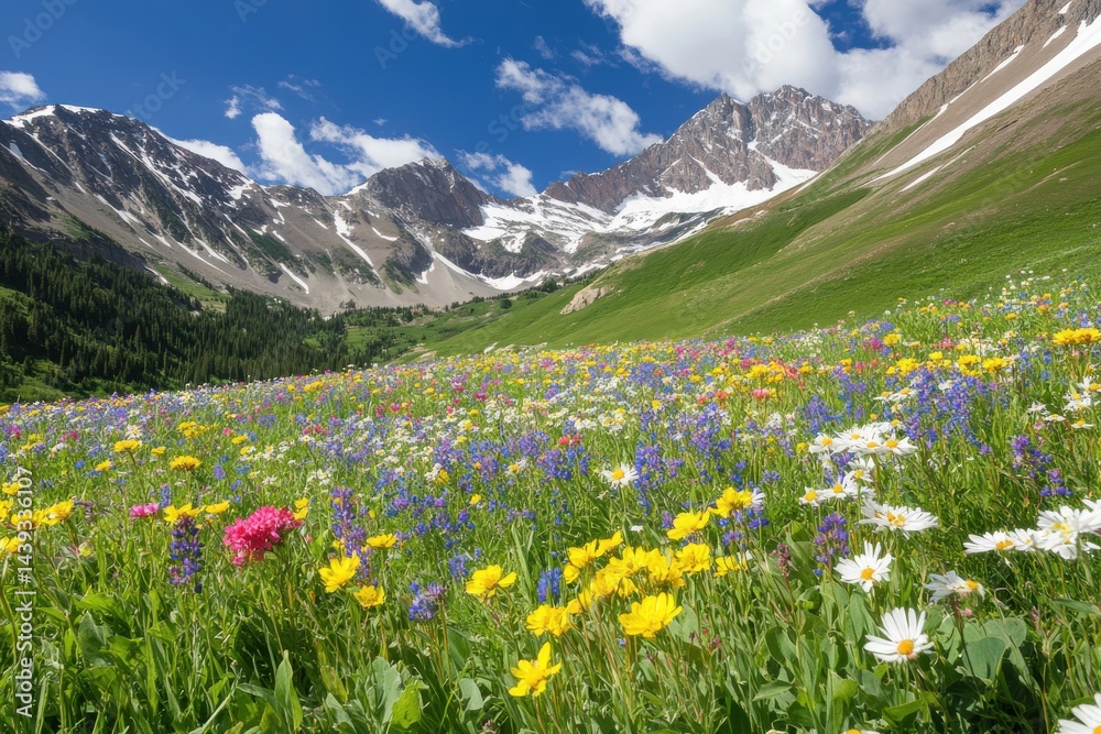 Fototapeta premium Alpine meadow landscape filled with colorful wildflowers set against stunning mountain views