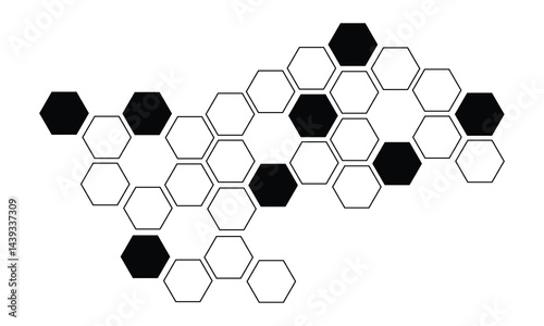 Black hexagon, honeycomb, design element, shapes, pattern with no strokes. Asset for photo collection, collage, template, frame, overlay, montage, clipping, layer mask. Transparent background. EPS 10.