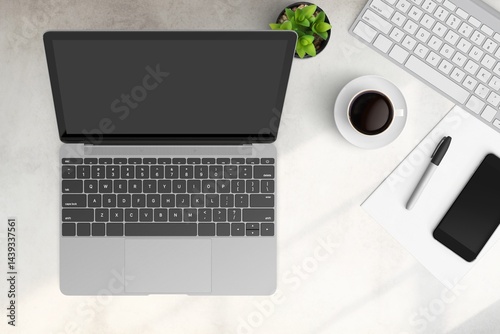 Modern workspace with  copy space on white color background. Top view with copy space. Flat lay style. Minimal blank  mockup.