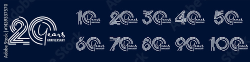 collection anniversary 10 to 100 year logo designs. abstract number for celebration event, wedding, greeting card, and invitation, vector illustration