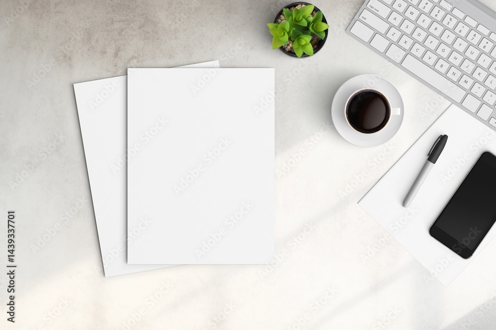 Modern workspace with copy space on white color background. Top view with copy space. Flat lay style. Minimal blank mockup.