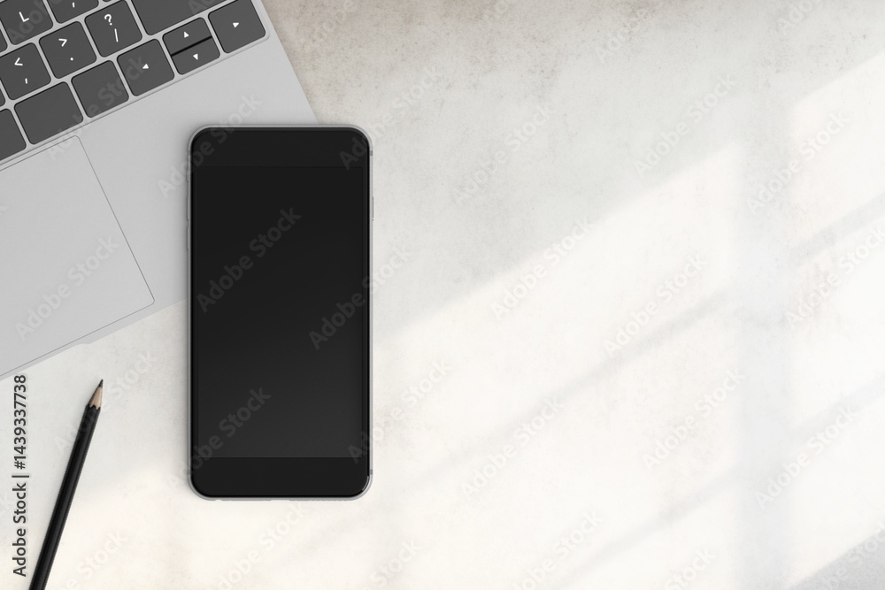 Modern workspace with copy space on white color background. Top view with copy space. Flat lay style. Minimal blank mockup.