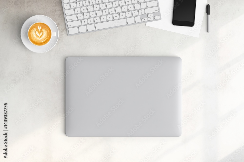 Modern workspace with copy space on white color background. Top view with copy space. Flat lay style. Minimal blank mockup.