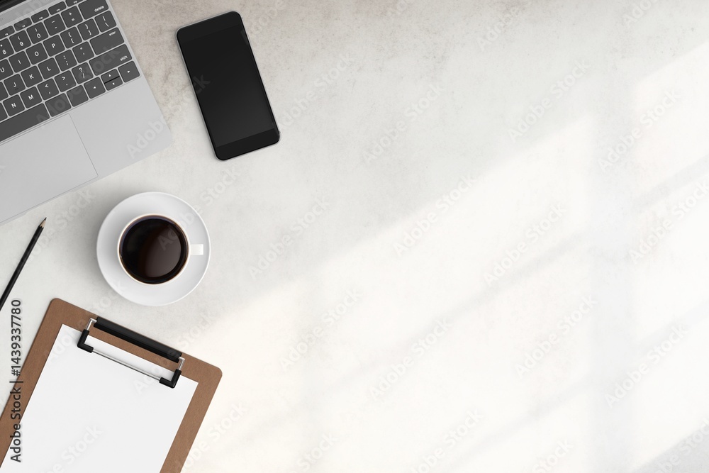 Modern workspace with copy space on white color background. Top view with copy space. Flat lay style. Minimal blank mockup.