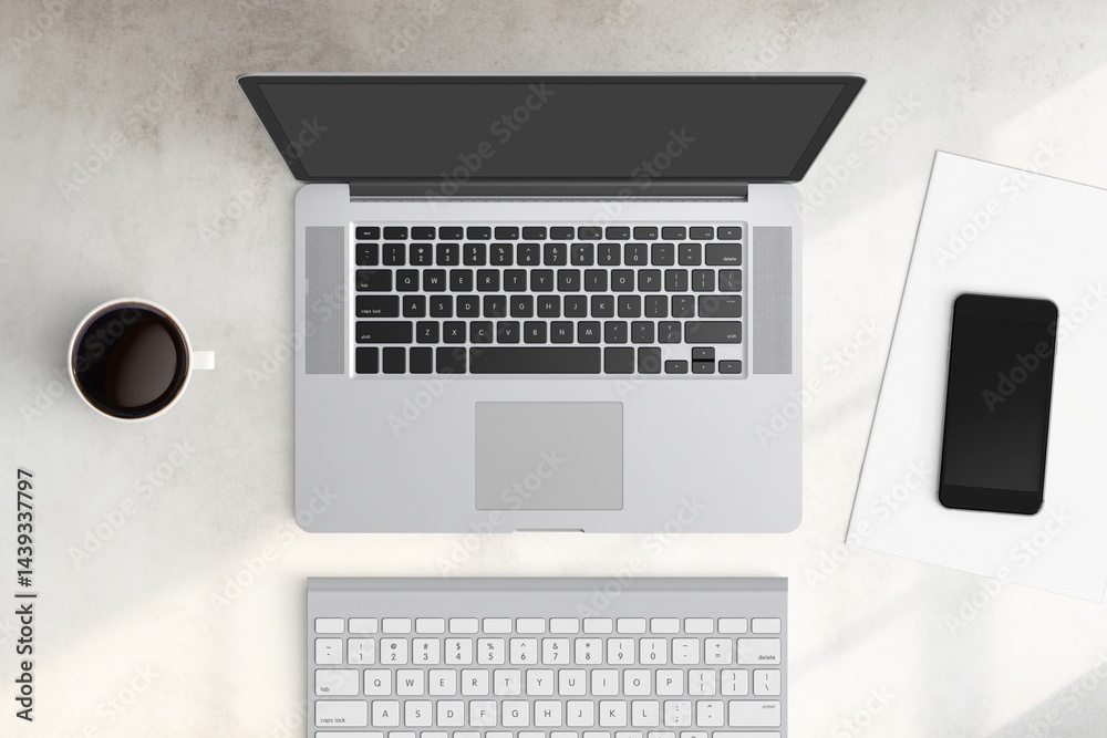 Modern workspace with copy space on white color background. Top view with copy space. Flat lay style. Minimal blank mockup.