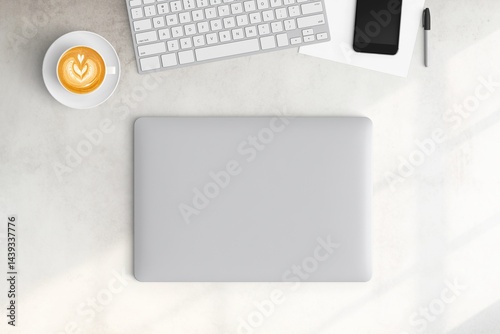 Obraz na płótnie Modern workspace with copy space on white color background. Top view with copy space. Flat lay style. Minimal blank mockup. w salonie
