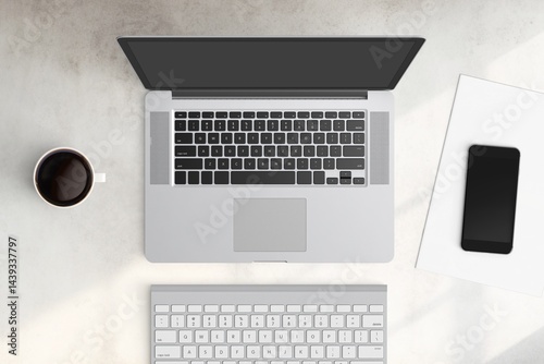 Obraz na płótnie Modern workspace with copy space on white color background. Top view with copy space. Flat lay style. Minimal blank mockup. w salonie