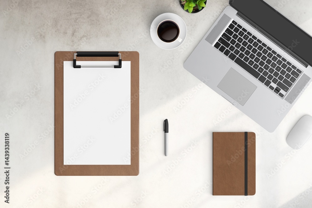 Modern workspace with copy space on white color background. Top view with copy space. Flat lay style. Minimal blank mockup.