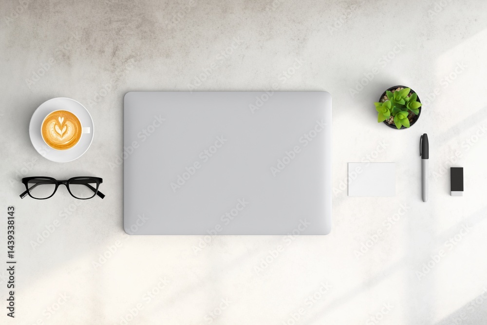 Modern workspace with copy space on white color background. Top view with copy space. Flat lay style. Minimal blank mockup.