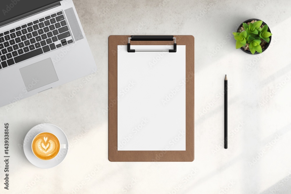 Modern workspace with copy space on white color background. Top view with copy space. Flat lay style. Minimal blank mockup.