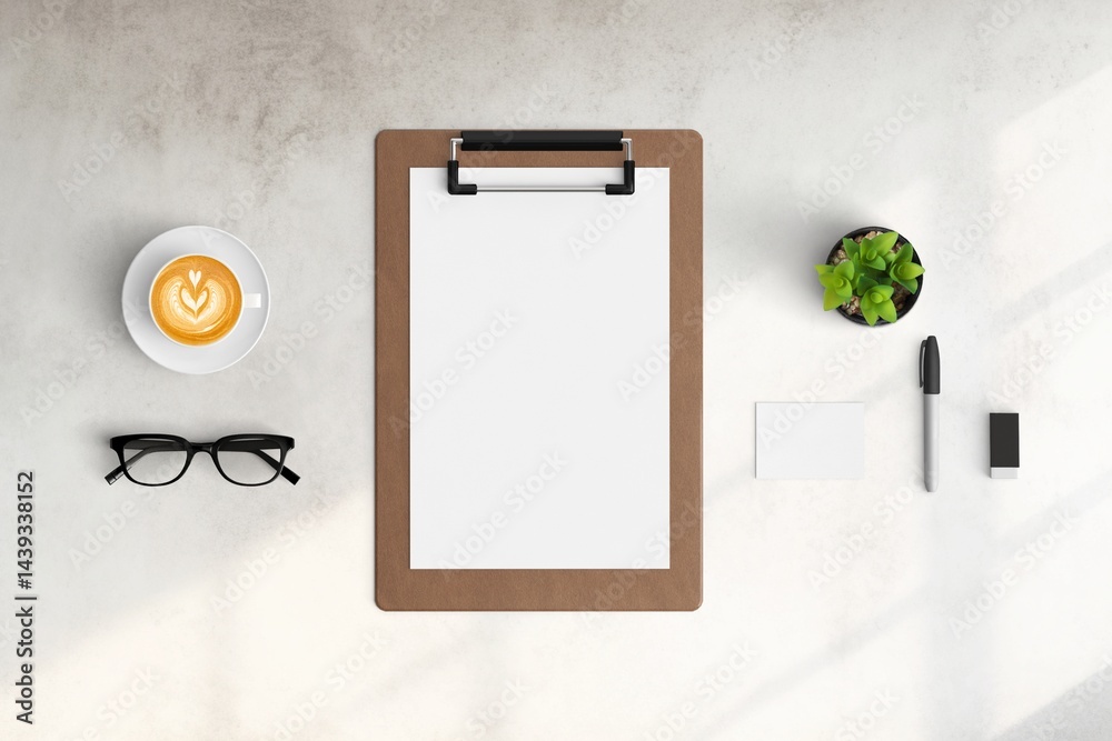 Modern workspace with copy space on white color background. Top view with copy space. Flat lay style. Minimal blank mockup.