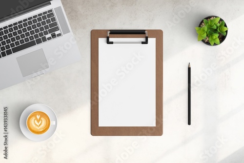 Obraz na płótnie Modern workspace with copy space on white color background. Top view with copy space. Flat lay style. Minimal blank mockup. w salonie