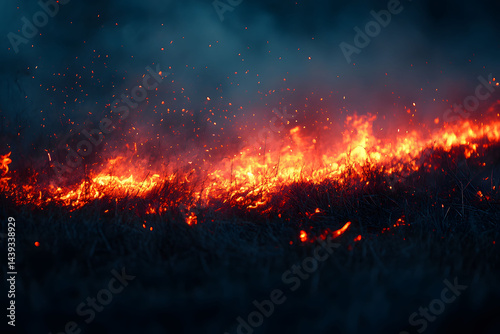 Intense Blaze in Dark Landscape - Environmental Impact and Fire Safety