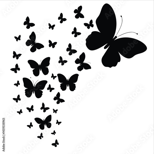 Silhouette of many butterflies in various sizes flying upward on a white background art