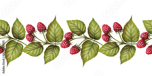 Seamless border of wild raspberries with lush green leaves in watercolor technique on a white background. Suitable for natural product packaging, culinary designs, eco branding, and invitations