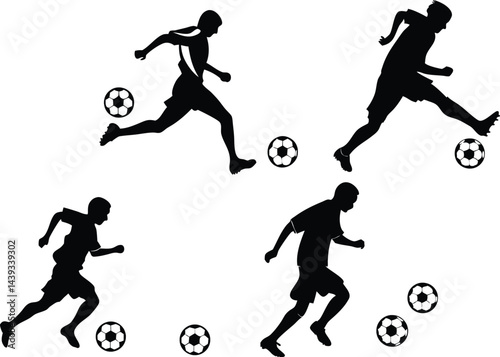 Silhouettes of soccer players in action with soccer balls in a dynamic composition view