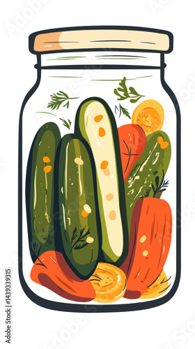 Minimalist Vector Illustration of Fresh Organic Pickled Vegetables in Glass Jar
