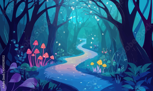 Enchanted Forest Pathway: Magical Fairy Tale Nature Background Illustration
