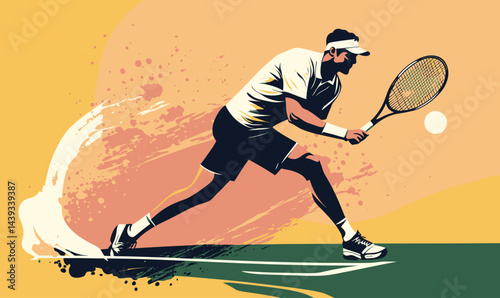 Flat Minimalist Illustration of Tennis Player Swinging Racquet in Action Pose
