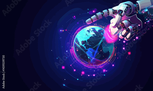 Robot Hand Interacting with Digital Earth: AI and Global Network Concept