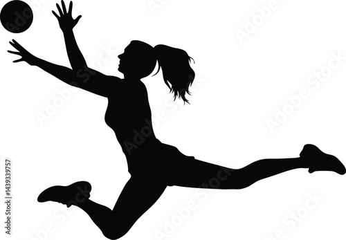 Silhouette of a woman jumping to reach a ball with raised arms in a dynamic action pose on white