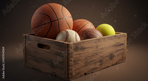 Sports Balls in a Wooden Crate Arrangement