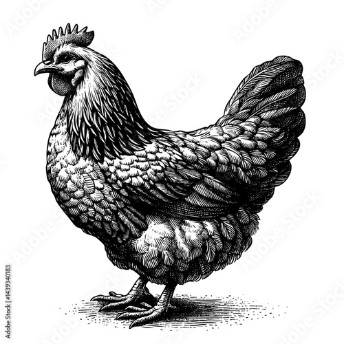 Vintage black and white ink illustration of a chicken standing, isolated on white background, rustic countryside farm style, detailed classic sketch.