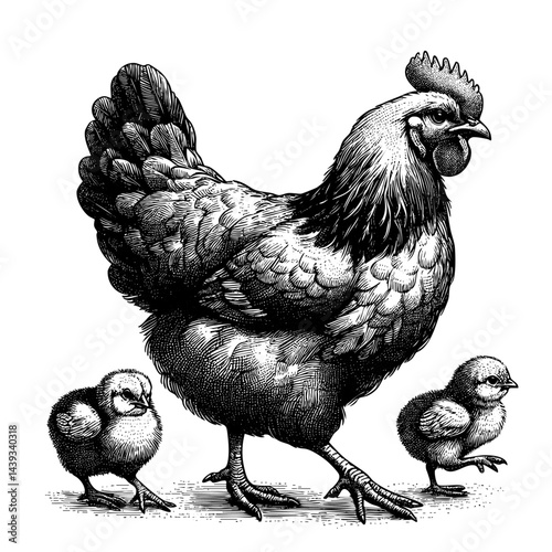 Vintage black and white ink illustration of a mother hen caring for her chicks, isolated on white background, rustic countryside farm style, detailed classic sketch.