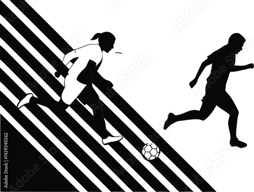Two soccer players in silhouette running with a soccer ball on a striped background design
