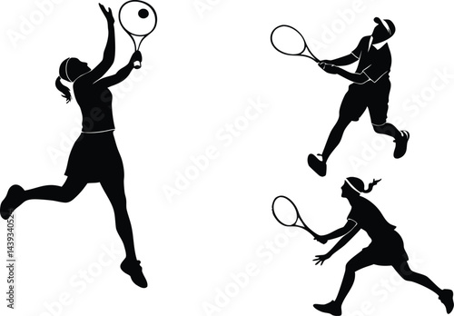 Silhouette illustration of three tennis players in action against a white background space