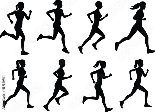 Eight silhouette illustrations of women running in various poses on a white background