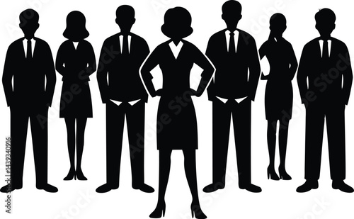 Silhouette illustration of a business team with a female leader in the foreground