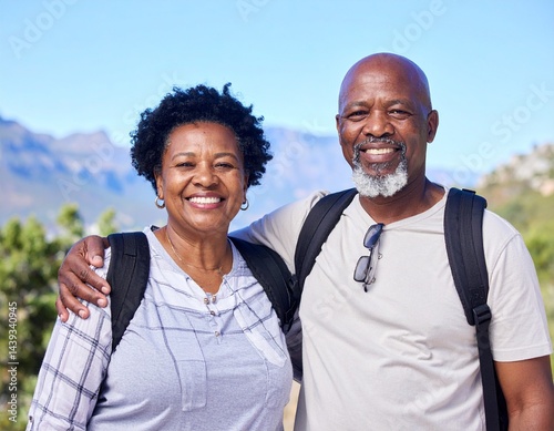 An elderly couple traveling with backpacks, smiling in front of a scenic mountain landscape.