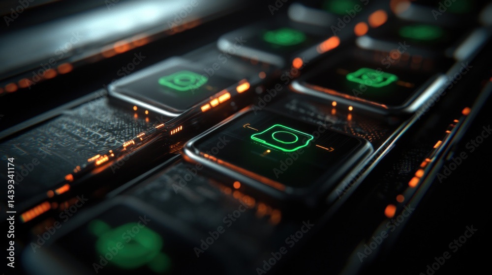Futuristic camera buttons on a dark tech grid
