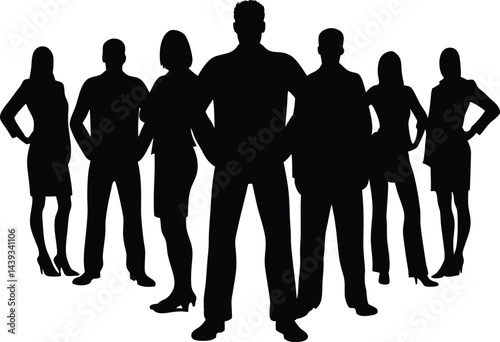 Silhouette of a diverse group of business professionals standing together on white background