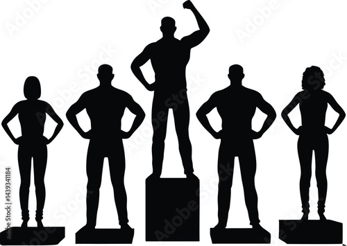 Silhouette of five people standing on platforms with one raising their fist in victory